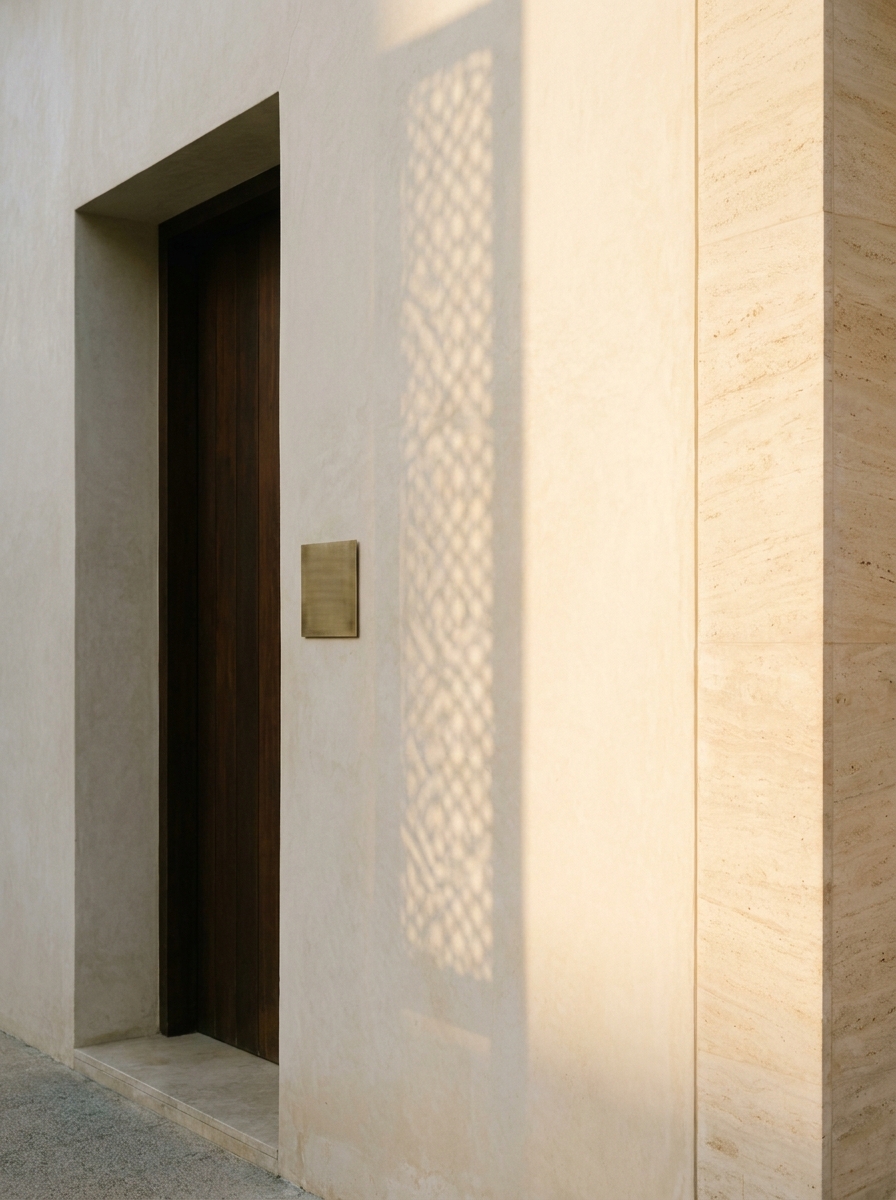 Entrée du cabinet — porte en bois sombre, plaque en laiton brossé, façade en pierre claire baignée d'une lumière de fin de journée.