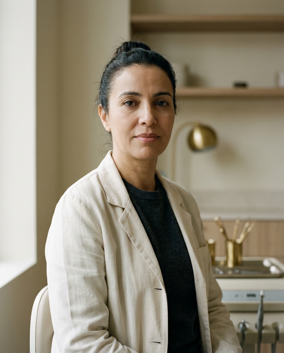 Dr Nadia Joumani dans son espace de soin — blouse en lin écru, lumière naturelle traversante, arrière-plan du cabinet en flou doux.