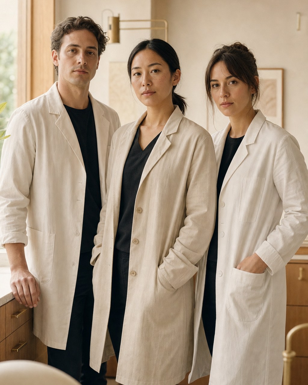 Portrait de groupe ou détail d’équipe — chirurgien-dentiste, assistante et hygiéniste, sans visage de patient. Format portrait 4:5.