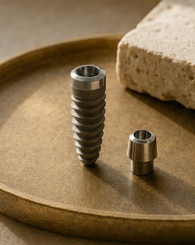 Détail d’un implant en titane ou de la planification 3D — technique chirurgicale. Format vertical 4:5.